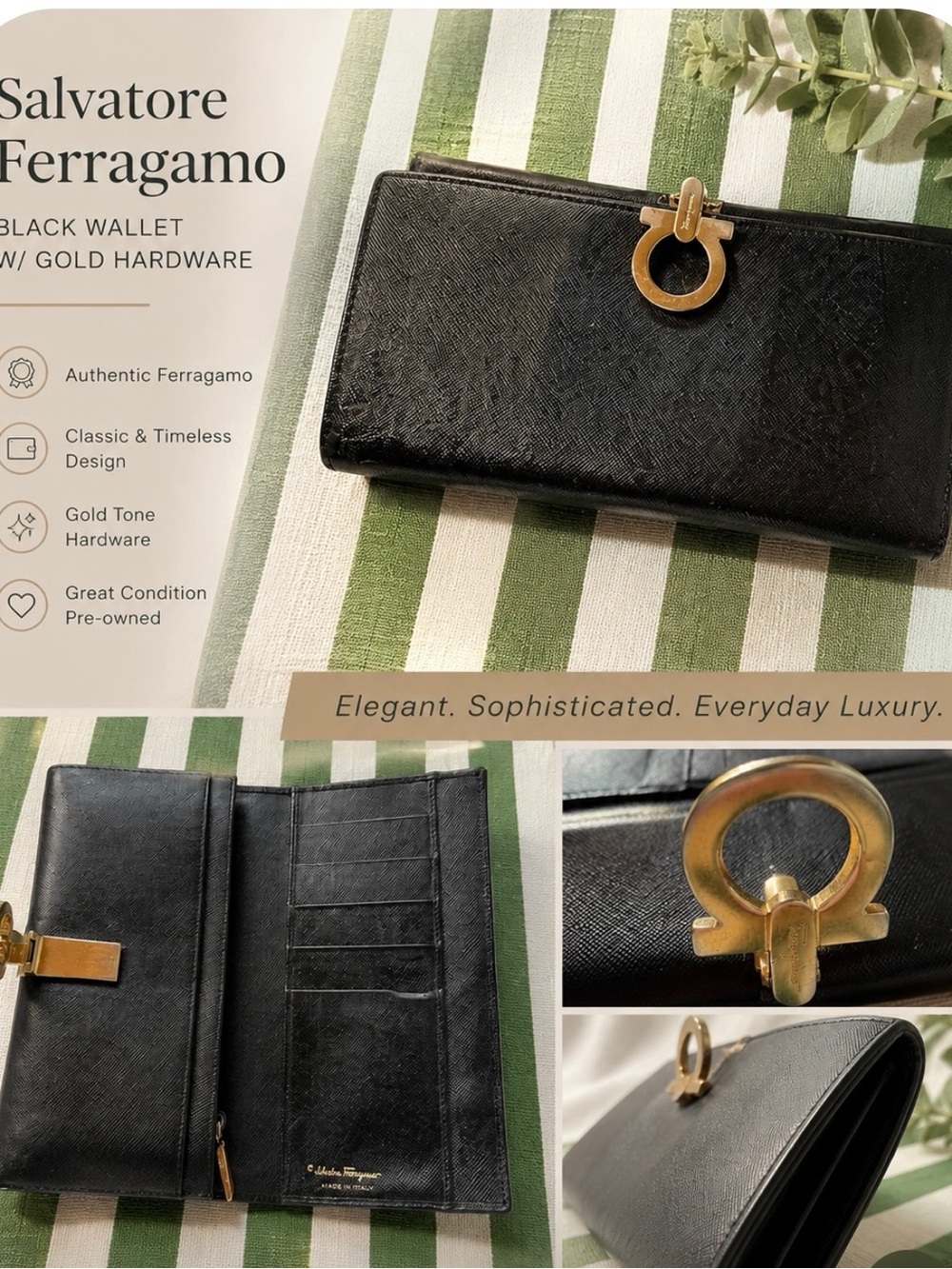 Authentic Salvatore Ferragamo black Wallet w gold hardware Used Some scratches